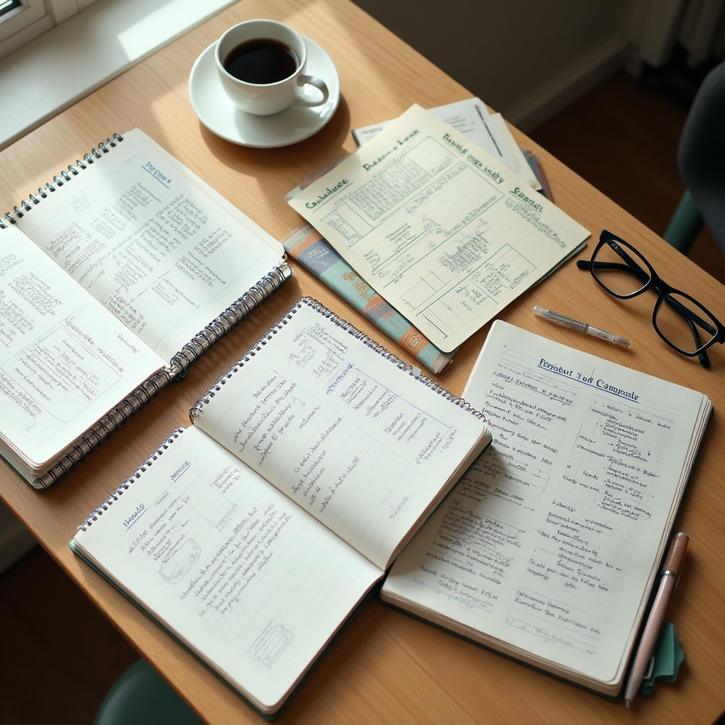 Schreibtisch mit mehreren geöffneten Notizbüchern und Unterlagen zu verschiedenen parallelen Projekten