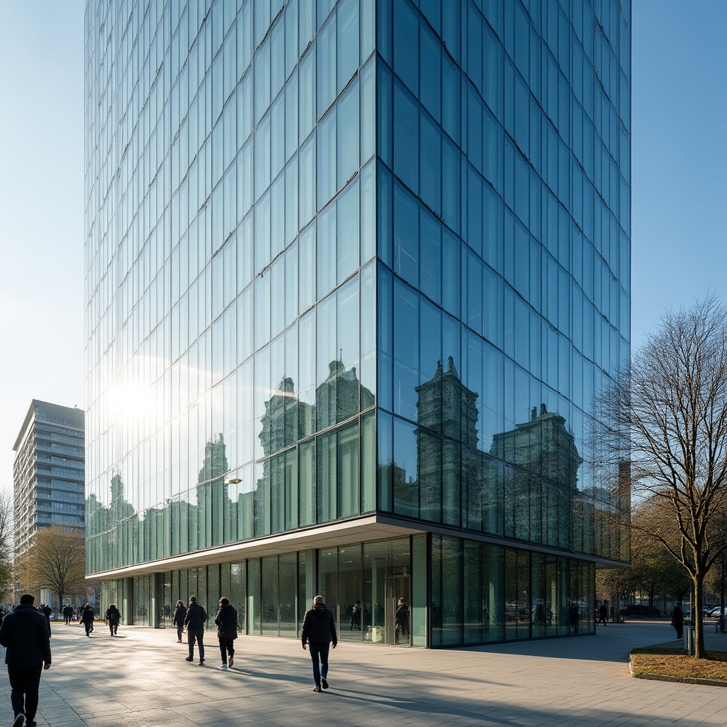 Modernes Glasbürogebäude in Frankfurt am Main mit Skyline im Hintergrund bei Tageslicht