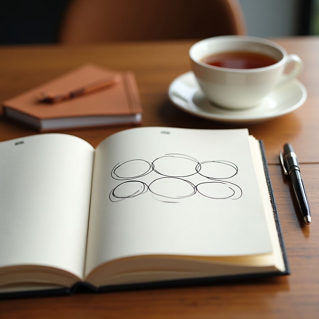 Aufgeschlagenes Notizbuch mit handschriftlichen Reflexionsnotizen neben einer Tasse auf einem Holztisch