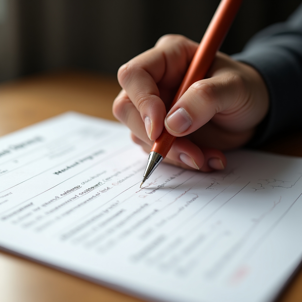 Nahaufnahme einer Hand, die mit einem Stift Notizen in ein Arbeitsheft für Reflexionsübungen schreibt